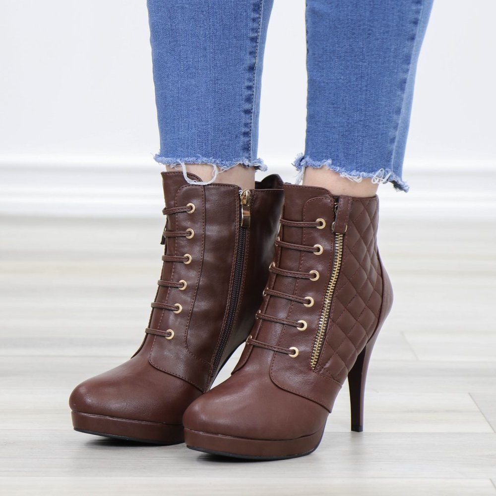 Brown Platform High Heel Ankle Boots - Picture 4 of 14